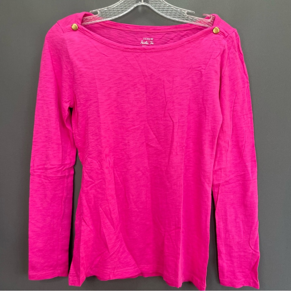 J.CREW painter tee gold buttoned wide neck long sleeve hot pink Barbie core top